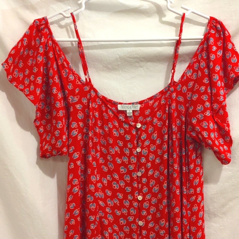 Patrons of Peace | Swingy Off Shoulder Button Down Dress Print Frock Cottage | S